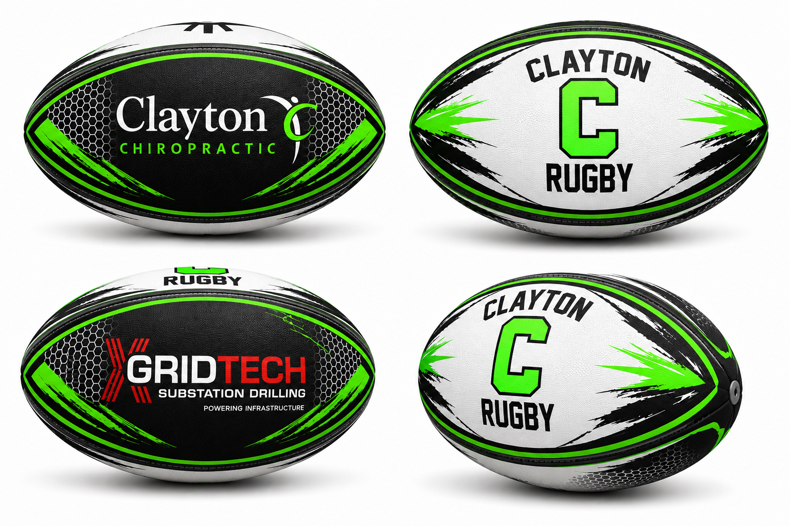 Clayton Rugby custom match ball — 4 angles showing Clayton C Rugby, GridTech and Clayton Chiropractic sponsor panels